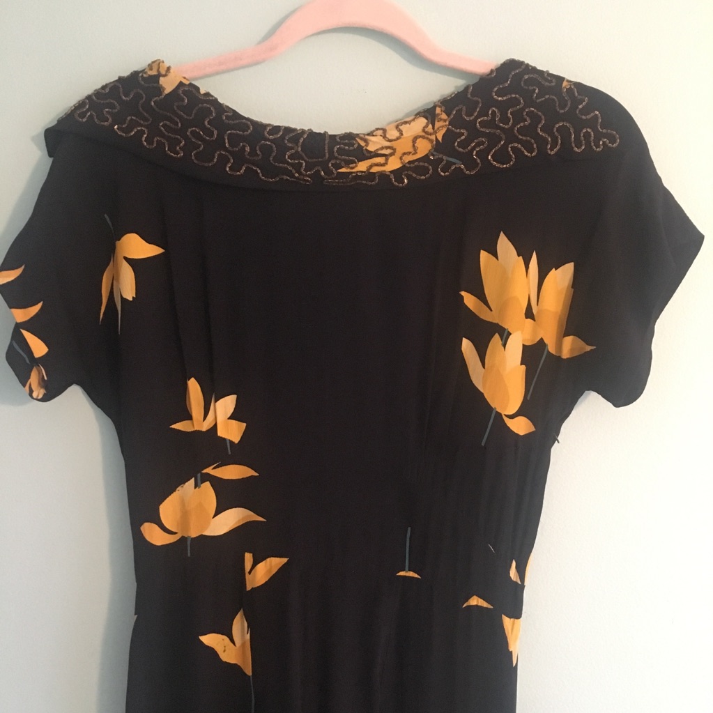 40s Rayon Floral Navy Swing Dress